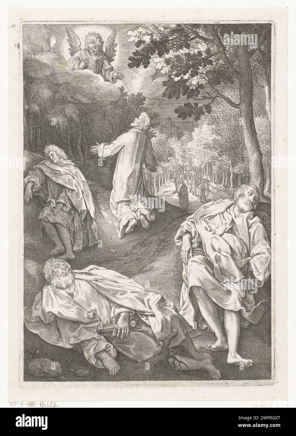 Christ à la cour de Gethsémani, Nicolaes de Bruyn, 1618 print un ange apparaît devant Christ sur le mont des oliviers pour lui donner de la force. Le Christ s’agenouille dans la prière et lève les yeux, il est entouré de ses disciples endormis Pierre, Jakobus et Jean. Papier néerlandais gravure de la prière du Christ dans le jardin de Gethsémani pendant la nuit Banque D'Images