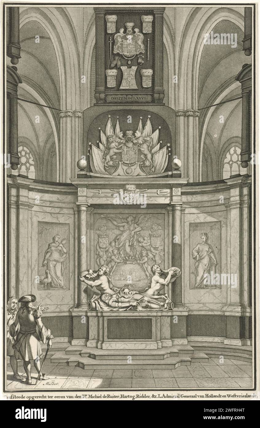 Praalgraf de Michiel de Ruyter dans le Nieuwe Kerk à Amsterdam, Joseph Mulder, 1687 - 1726 print Michiel Adriaansz's Boils. De Ruyter dans le chœur de la Nieuwe Kerk à Amsterdam. Le lieutenant-amiral général de Hollande et de Frise-Ouest a été enterré le 18 mars 1677. Deux visiteurs sur la gauche. Amsterdam gravure sur papier / gravure tombe-bâtiment, tombe monumentale. intérieur de l'église nouvelle église Banque D'Images