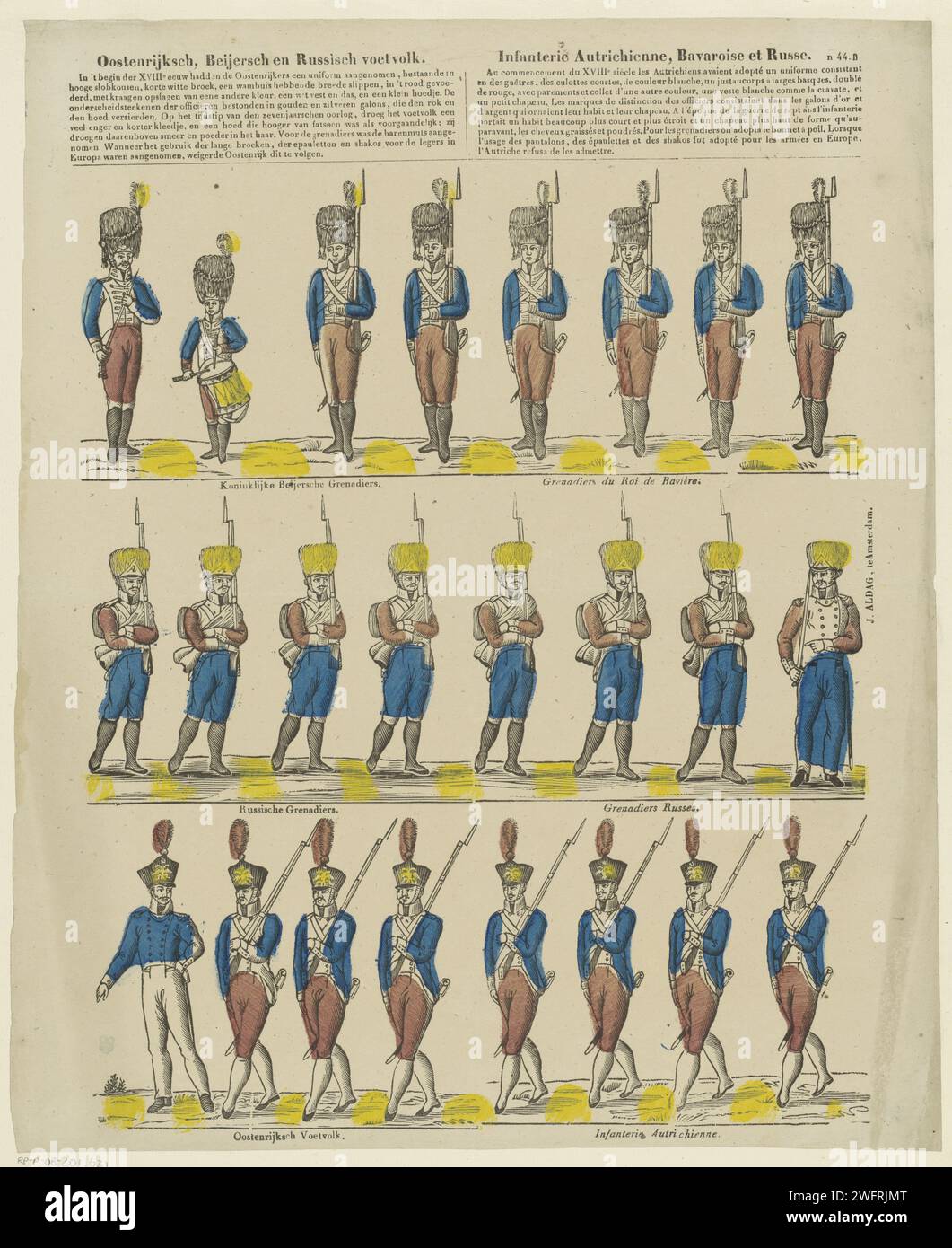Autriche, Beijersch and Russian foot people / infanterie autrichienne, bavaroise et russe, 1800 - 1833 print feuille avec 3 rangées horizontales avec huit soldats chacune dans une rangée. Dans la rangée supérieure des soldats bavarois, dans la rangée du milieu des soldats russes et dans la rangée inférieure des soldats Oudstense. Sous chaque représentation une légende en néerlandais et en français. Un remplissage basé sur neuf en deux colonnes en néerlandais et en français. Numéroté en haut à droite : N 44. B. papier Turnwood typographie imprimant le soldat ; la vie du soldat Banque D'Images