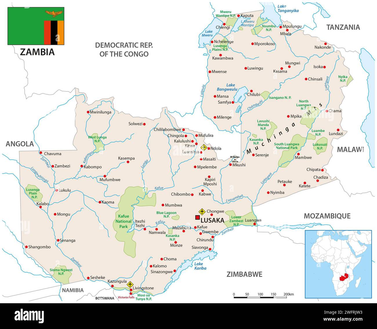 Carte vectorielle détaillée de la République de Zambie Banque D'Images