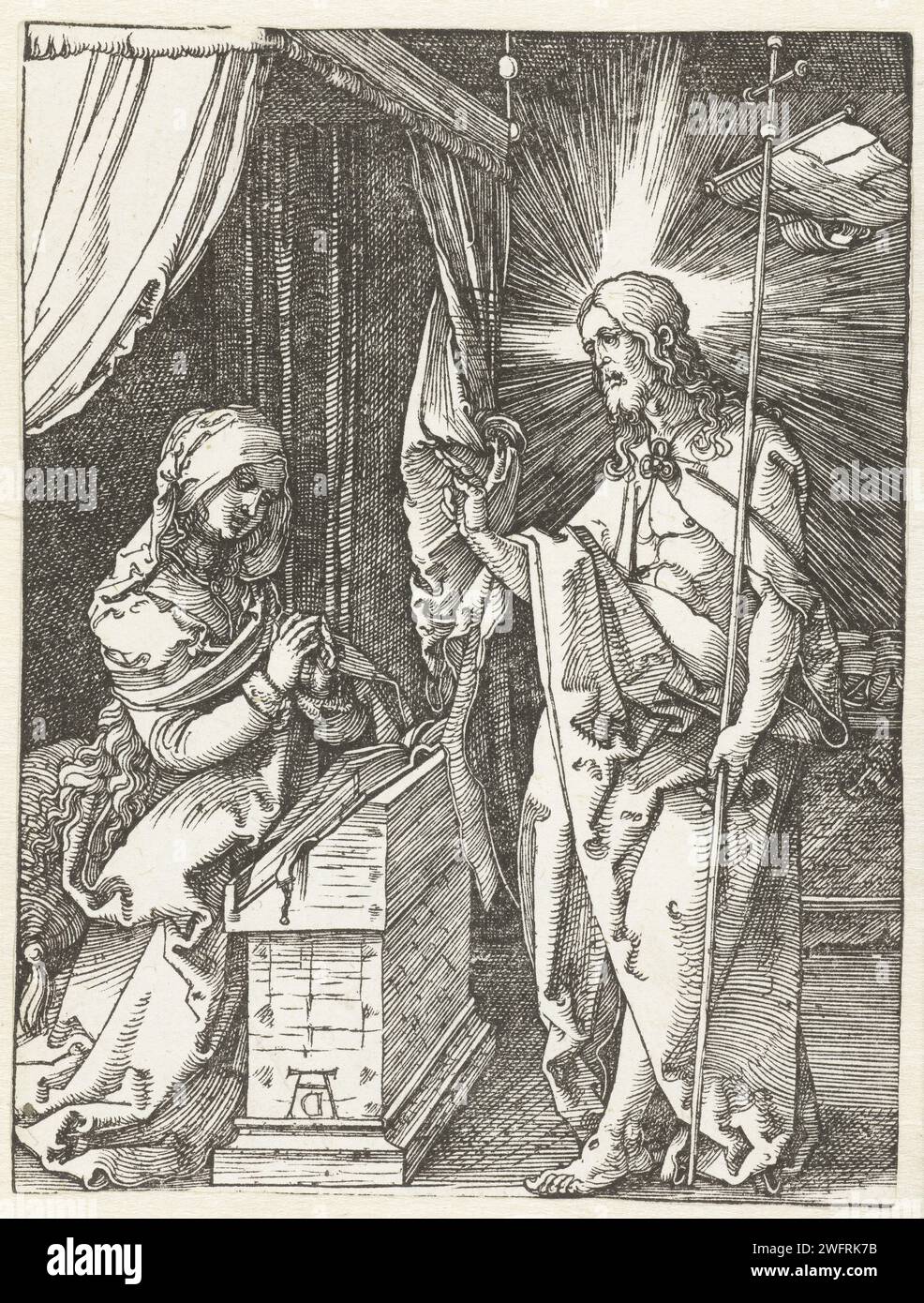 Christ apparaît à sa mère, Albrecht Dürer, 1510 print Christ salue sa mère Marie, qui est agenouillée pour un lecteur. Ce tirage fait partie de la série de presse 'de Kleine Passie', composée d'un tirage titre et de 36 scènes bibliques (principalement de l'histoire de la souffrance). Nuremberg papier Christ, peut-être habillé comme un pèlerin, apparaissant à sa mère, qui est habituellement montré en train de prier Banque D'Images