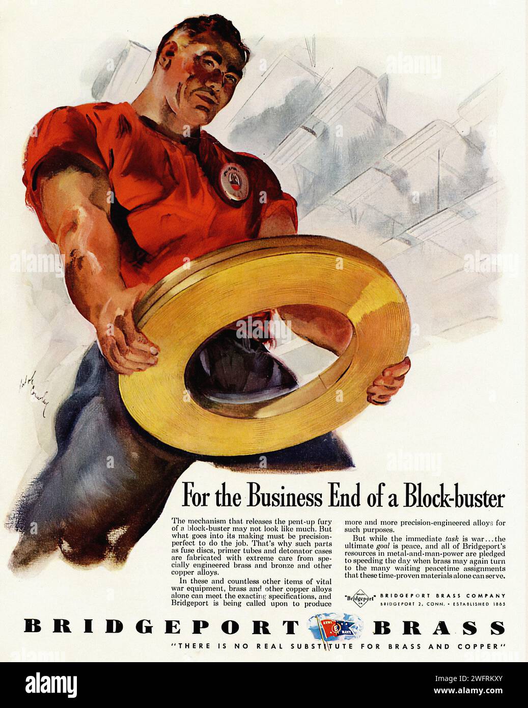 « BRIDGEPORT BRASS for the Business End of a Block-Buster » une publicité américaine de la Seconde Guerre mondiale mettant en vedette un homme tenant une grande bague en laiton, créée dans un style graphique pour la Bridgeport Brass Company. Le texte, « pour la fin commerciale d’un blockbuster », est affiché bien en vue. - Publicité américaine (États-Unis), époque de la Seconde Guerre mondiale Banque D'Images