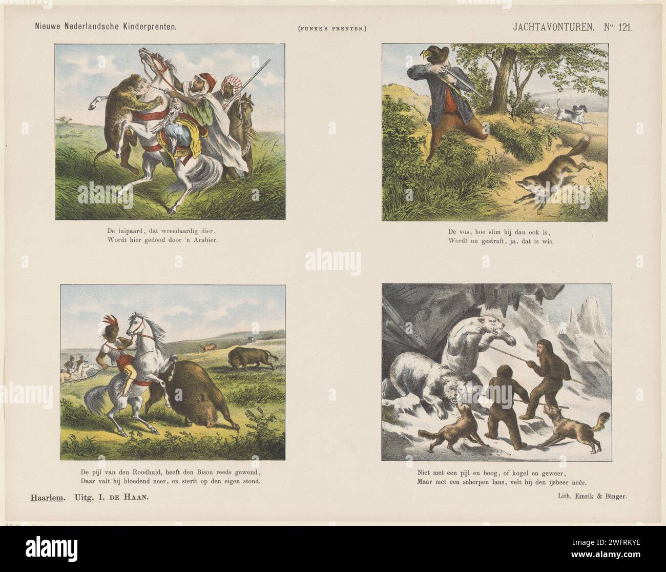 Jachtavonturen, 1875 - 1903 imprimer feuille avec 4 représentations de chasseurs, comme un arabe qui chasse un léopard et un javanais à la chasse au buffle. Sous chaque performance un verset bidirectionnel. Numéroté en haut à droite : n° 121. Haarlem typographie papier chasseurs chasse (N.B. : en 1988-1990, cette notation désignait le concept de 43C11421 'chasseurs se reposant pendant la chasse'). hunter Banque D'Images
