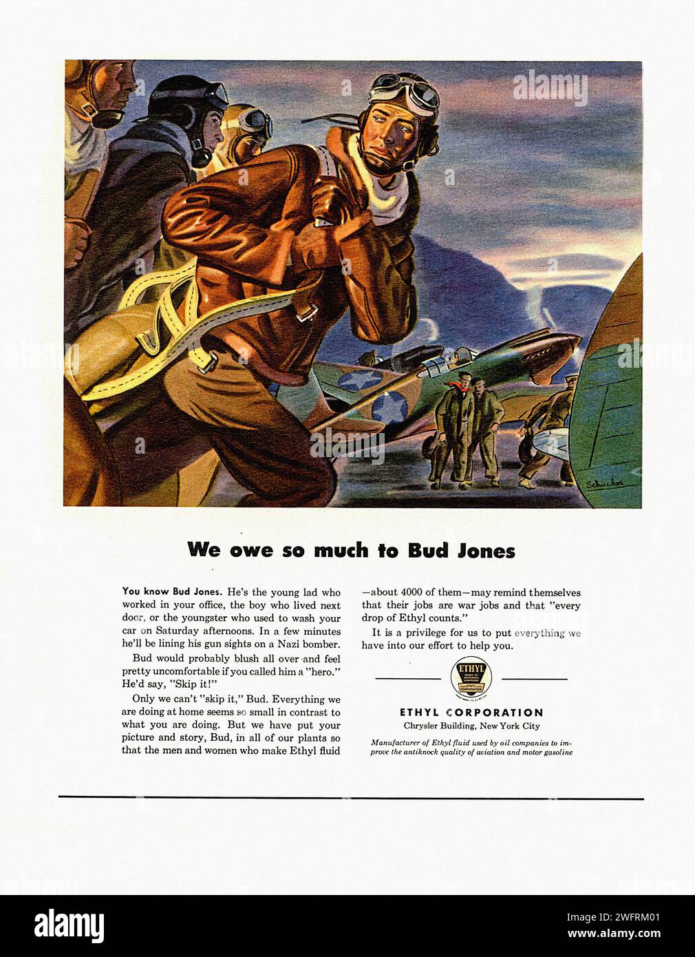 « NOUS AVONS TELLEMENT À VOUS DIRE » Publicité américaine de la Seconde Guerre mondiale mettant en vedette un groupe de soldats et d’aviateurs rassemblés autour d’un avion bombardier. L'image est une illustration colorée rendue dans le style audacieux et vibrant de l'époque. - Publicité américaine (États-Unis), époque de la Seconde Guerre mondiale Banque D'Images