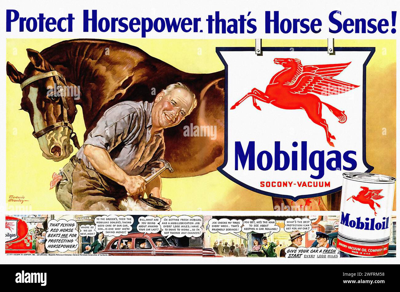« PROTÉGEZ LA PUISSANCE. C’EST LE SENS DU CHEVAL ! » Il s'agit d'une publicité vintage de l'époque de la Seconde Guerre mondiale, originaire des États-Unis. Il présente une grande illustration d'un cheval brun avec un logo rouge Pegasus sur son côté, étant toiletté par un homme. La publicité est pour Mobilgas et Mobiloil, et le texte encourage les téléspectateurs à « protéger Horsepower ». Le style graphique de l'image est rétro, avec des couleurs vives et du texte en gras. L'arrière-plan de la publicité est un collage de différentes images, y compris une voiture, une station-service et une canette de Mobiloil. - Publicité américaine (États-Unis), Seconde Guerre mondiale er Banque D'Images