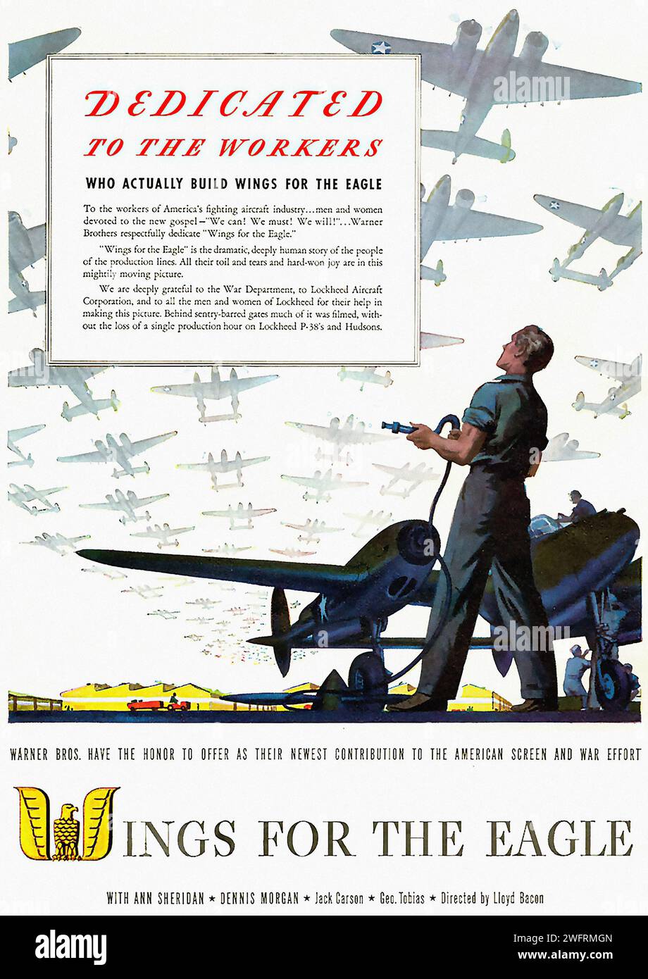 Une affiche de propagande américaine de la Seconde Guerre mondiale représentant un homme travaillant dans un avion avec le texte « dédié aux travailleurs » au-dessus de lui. L'affiche fait la promotion de l'effort de guerre et de la contribution des travailleurs américains. L'affiche est conçue dans un style graphique. - Publicité américaine (États-Unis), époque de la Seconde Guerre mondiale Banque D'Images