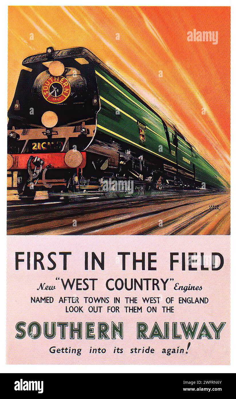 Une publicité pour chemin de fer vintage présentant un train vert et noir avec le texte « PREMIER DANS LE DOMAINE nouveaux moteurs « WEST COUNTRY » » et « CHEMIN DE FER DU SUD se mettre à nouveau dans sa foulée ». Le style est dynamique avec une sensation de mouvement, utilisant un dégradé de couleurs vives en arrière-plan. Banque D'Images