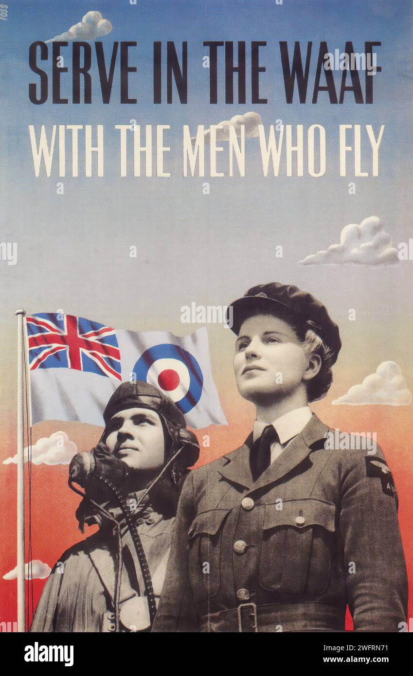 « SERVIR DANS LA WAAF AVEC LES HOMMES QUI VOLENT » Une affiche de recrutement pour la Women's Auxiliary Air Force montrant une femme et un homme en uniforme de la RAF sous le drapeau britannique. Le style est photoréaliste avec un thème patriotique. Banque D'Images