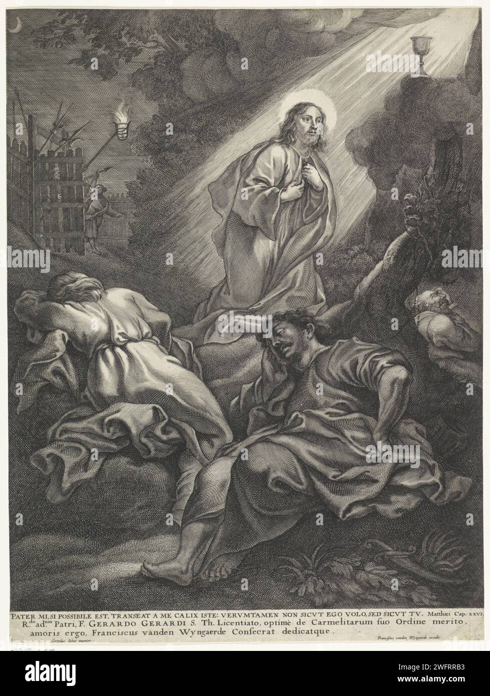 Christ in Hof van Getsemane, Frans van den Wijngaerde (possible), d'après Cornelis Schut (I), 1636 - 1679 print Christ prie à la cour de Getsemane. Un ange avec un calice apparaît du ciel. Peter, John et James dorment au premier plan. En arrière-plan, Judas conduit un groupe de soldats à travers la porte. Dans la marge une citation de la Bible de Mat. 26 et une légende bidirectionnelle avec une affectation en latin. Papier anversois gravant la prière du Christ dans le jardin de Gethsémani pendant la nuit Banque D'Images