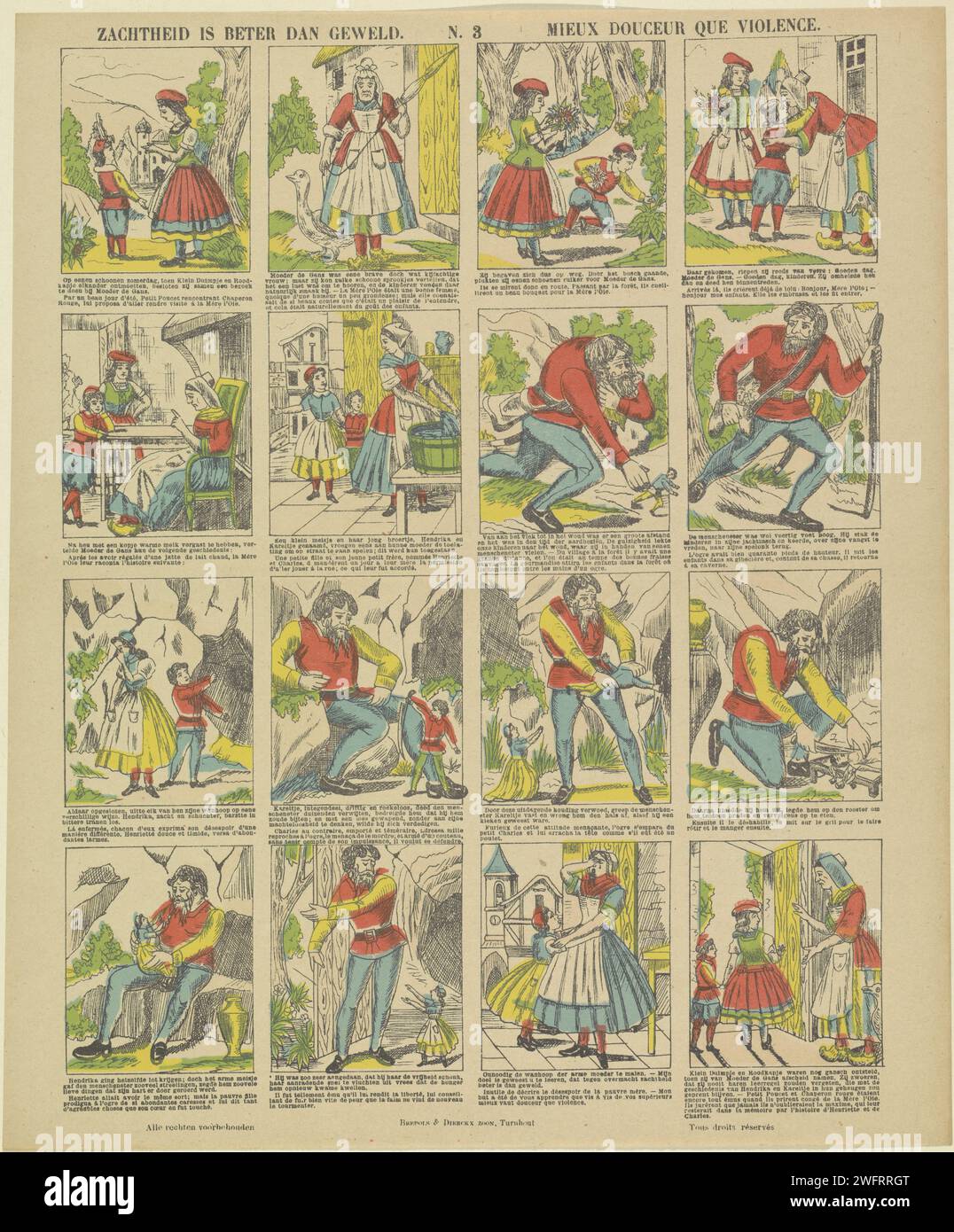 Douceur is better than violence / mieux doukeur que violence, 1833 - 1911 print feuille avec 16 représentations sur Mother Gans qui a raconté à Little Red Riding Hood et Klein Thumb une histoire sur un géant mangeur d'humains. Sous chaque image une légende en néerlandais et en français. Numéroté au milieu : N. 3. Papier Turnwood impression typographique de contes et de contes de fées. Contes et contes de fées : Little Red Riding-Hood. Contes et contes de fées : Little Thumbling. le cannibalisme Banque D'Images