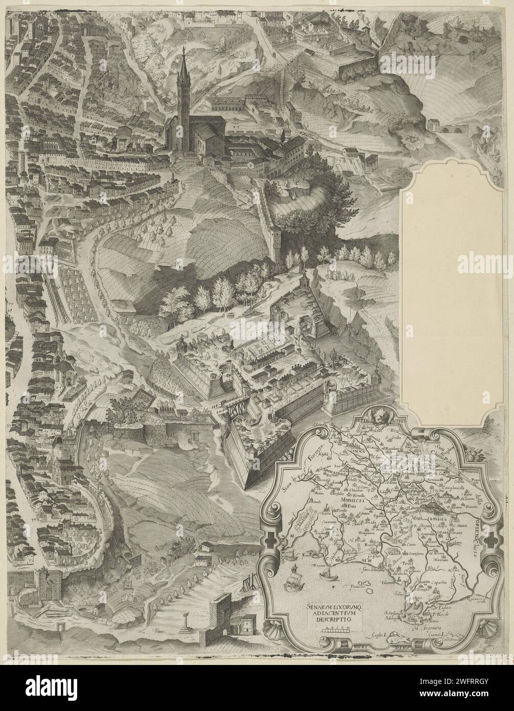Carte de Sienne (partie en bas à droite), Anonyme, d'après Francesco Vanni, in ou après 1597 imprimer partie d'une carte de Sienne. Au-dessus de la ville des Saints, des évêques, des cardinaux et de Marie sur les nuages. Imprimeur : Italyafter design by : ItalyToscane papier gravure / gravure cartes, atlas. vue sur la ville en général ; 'veduta'. saints. des saintes féminines. archevêque, évêque, etc (Catholique romain). Marie (sans le Christ-enfant). armoiries (symbole de l'état, etc.). cardinal Siena Banque D'Images