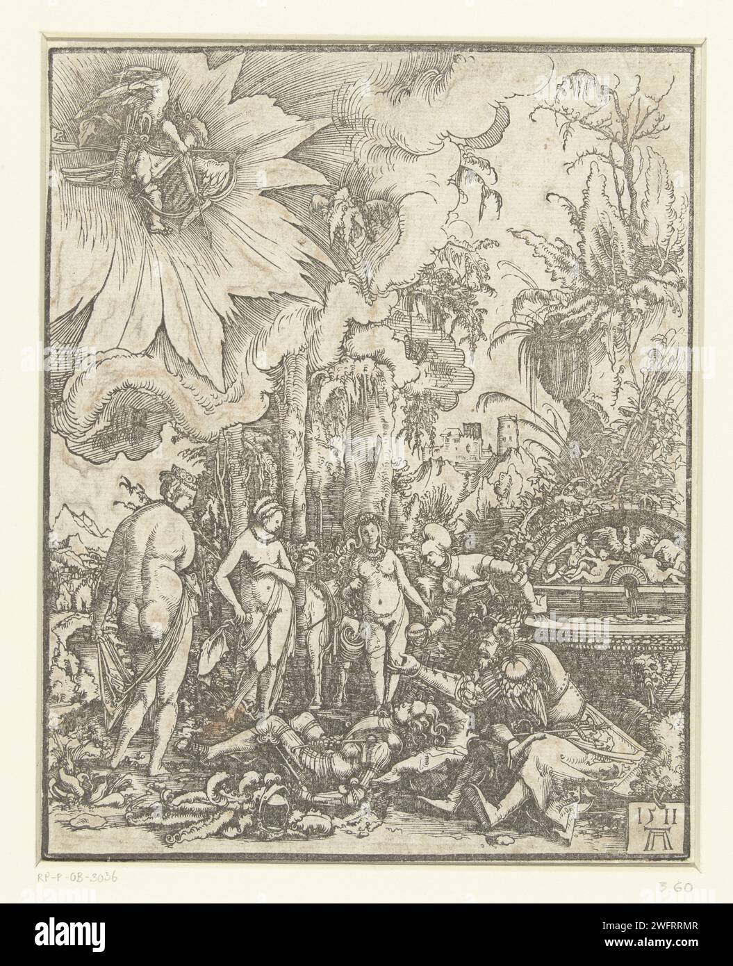 Le rêve de Paris, Albrecht Altdorfer, 1511 Print Paris habillé en chevalier en armure, dormant sur le sol à une fontaine. Avec lui est Mercure qui fait appel à lui dans son rêve. Les déesses Juno, Minerve et Vénus sont autour d'eux. Une femme à la fontaine a la boule d'or. Allemagne papier le rêve de Paris Banque D'Images