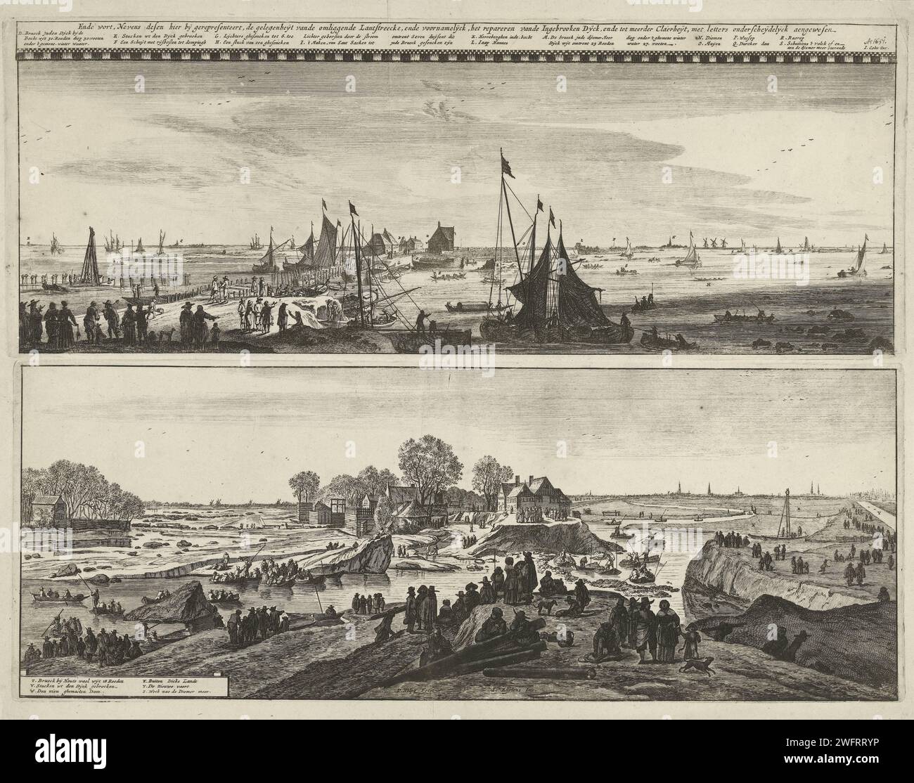 Travaux de réparation sur le Sint -Antoniesdijk cassé, Pieter Nolpe, après Colin, d'après Jacob Esselens, 1651 - 1653 imprime deux planches imprimées sur une feuille des travaux de réparation sur le Sint-Antoniesdijk ou Diemerzeedijk brisé le 5 mars 1651. Au-dessus du travail à de Dijk à l'auberge Jaap Hannes avec sur l'Horizon Durgerdam, Muiden, Weesp et Diemen. En haut le titre et la deuxième partie de la légende D-S. Sous les réparations à Houtewael avec sur l'Horizon Amsterdam et la troisième partie de la légende T-Z. Voir la plaque correspondante (FMH 2018). Amsterdam gravure sur papier / gravure dike-break. bâtiment Banque D'Images