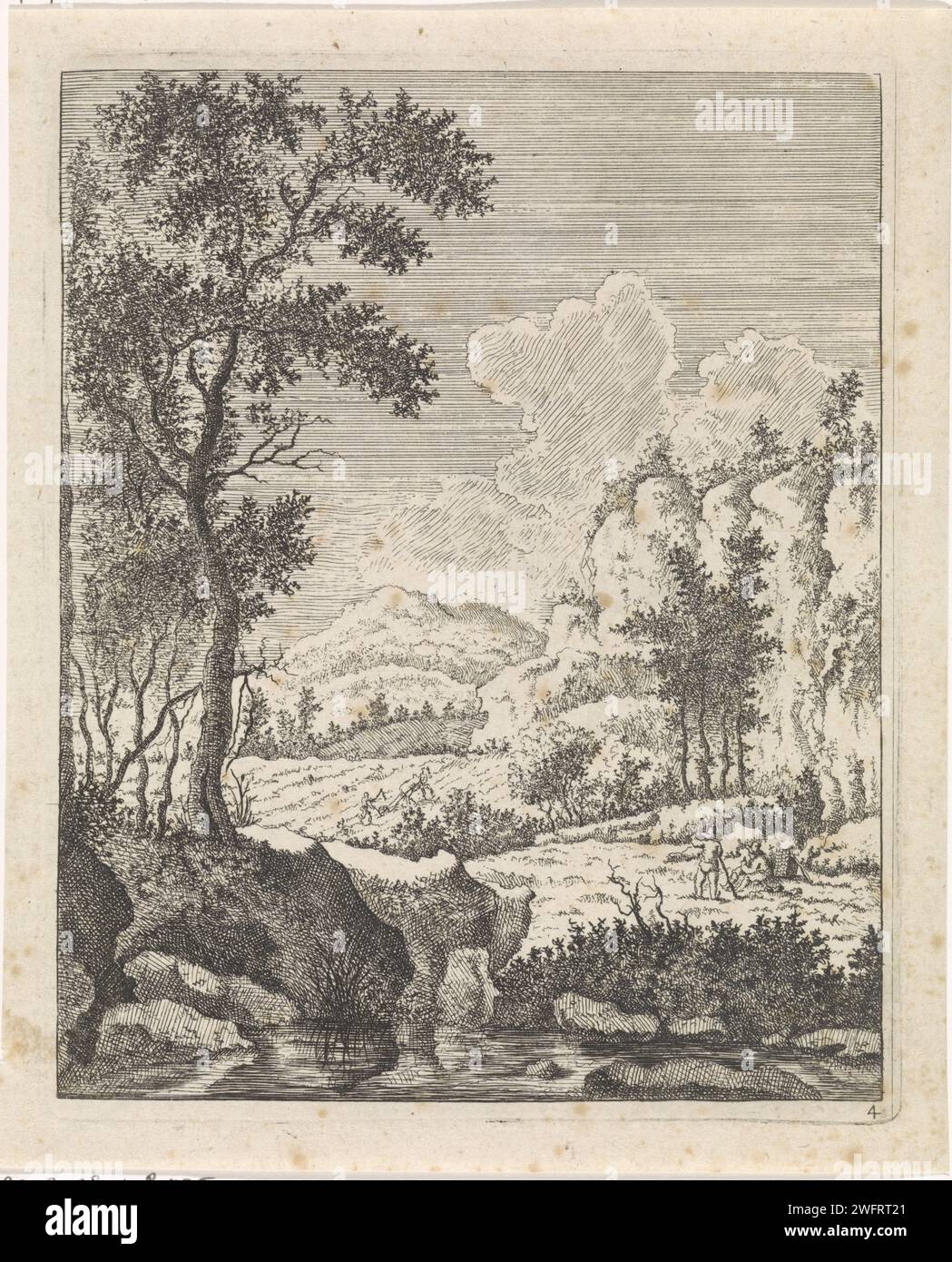 Paysage de montagne avec deux agriculteurs au repos près d'un ruisseau, Jacob Lutma, après Jan Both, 1634 - 1654 papier d'impression gravure des montagnes. Repos - BB - hors des portes. agriculteurs Banque D'Images