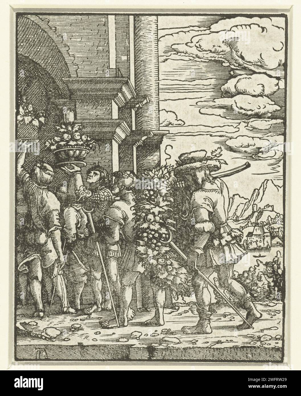 Les éclaireurs apportent des fruits de la terre promise, Albrecht Altdorfer, c. 1506 - 1538 imprimer Un groupe de personnes envoyées par Moïse pour explorer la terre promise Canaan retourne au Stadspoort de Kades. Ils portent une couronne de feuilles et de fruits, et des bols avec des fruits. Allemagne papier les espions emportent une partie des fruits de Canaan et reviennent, portant généralement une grande grappe de raisins sur un poteau Banque D'Images