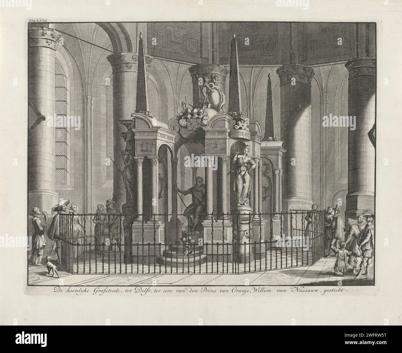Graftombe de Willem Ier, Prince d'Orange, 1623, Jan Luyken, 1730 estampe Graftombe ou Praalgraf de Willem Ier dans la Nieuwe Kerk de Delft, achevée en 1623. Vu de face avec l'image du prince assis. Avec des visiteurs autour de la clôture. En haut à gauche 'Tom : I. n ° 21. ''. Imprimeur : Northern Netherlandspublisher : Amsterdam gravure papier tombe-bâtiment, tombe monumentale. intérieur de l'église. Personnes historiques Nouvelle église. Delft Banque D'Images