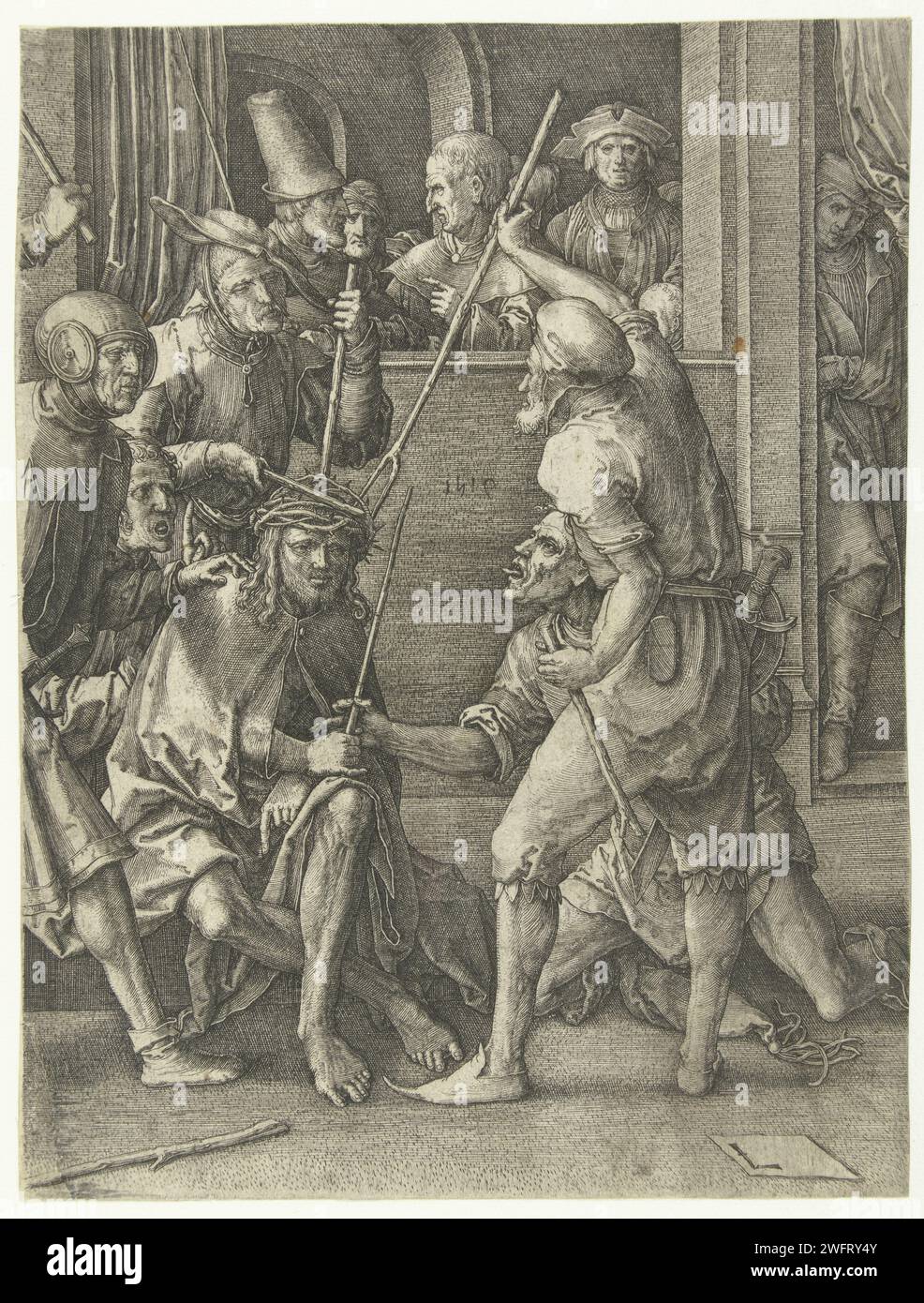 Doornenkroning, Lucas van Leyden, 1519 print Christ assis sur le sol, est poussé une couronne sur la tête par des hommes et un bâton à la main. Papier des pays bas gravure du couronnement avec des épines : les soldats avec des bâtons placent une couronne épineuse sur la tête du Christ et lui donnent un roseau (Matthieu 27:27-31, Marc 15:16-20, Jean 19:2-3) Banque D'Images