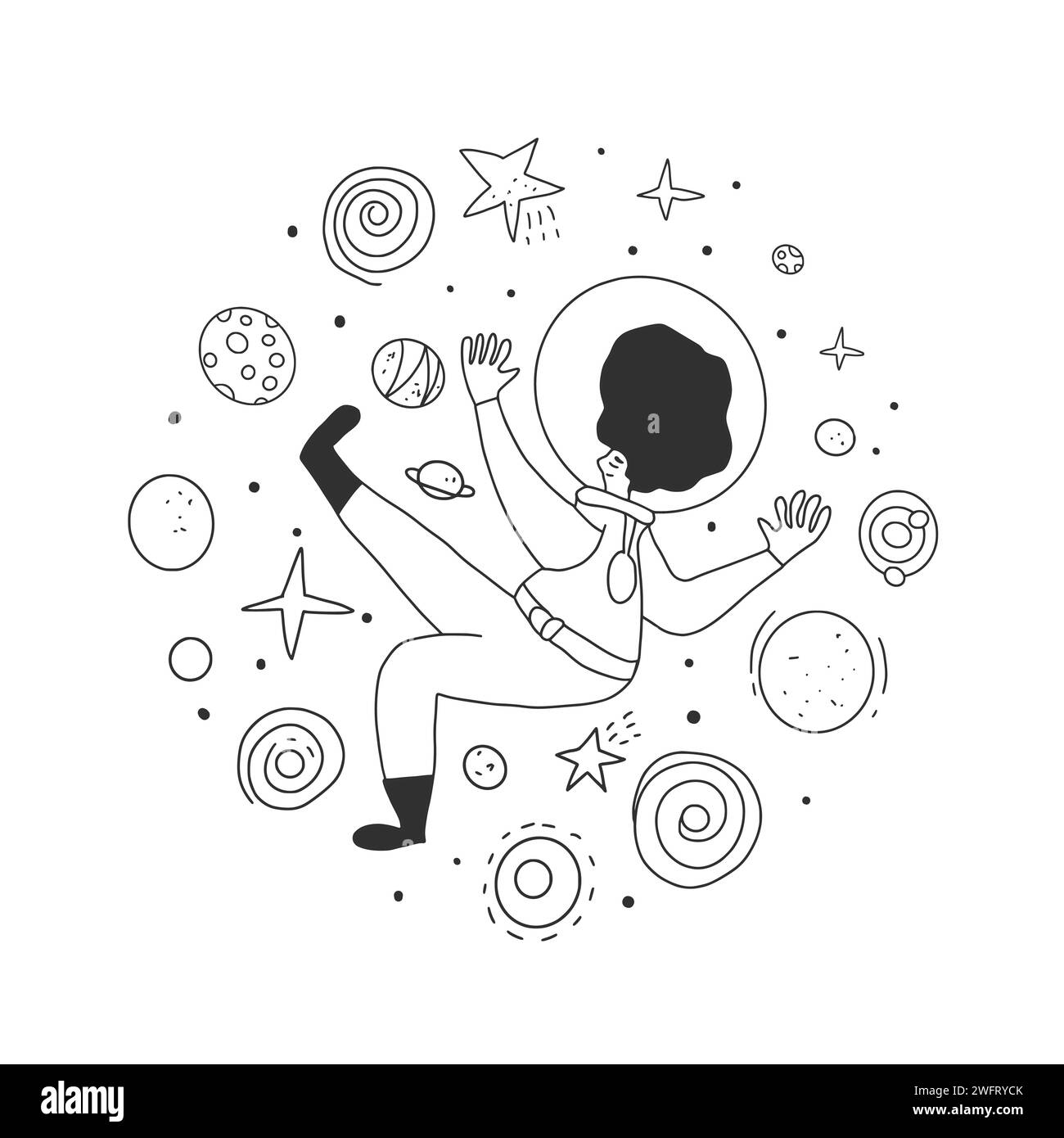 Astronaute avec des planètes à l'espace ouvert dans le style doodle. Cosmonaute flottant dans l'univers entourait les étoiles. Badge rond avec symboles du tourisme spatial. Vect Illustration de Vecteur