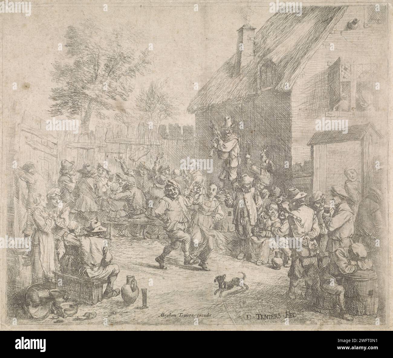 BoerenkenKermis, David Teniers (II), 1639 - 1690 imprimer un groupe de fermiers buveurs à côté d'une auberge. Quelques danses sur la musique d'un joueur de cornemuse. Les fermiers de gravure de papier d'Anvers. boire. auberge, café, maison publique, etc. une paire dansant ; homme et femme dansant en couple. Cornemuse, musette - CC - hors portes Banque D'Images