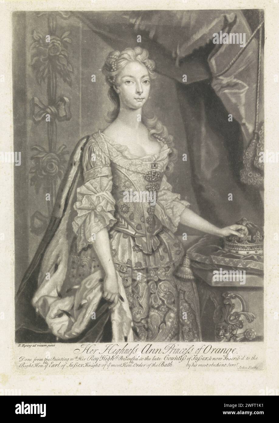 Portret Van Anna Van Hannover, John Faber (II), d'après Hans Hysing, 1734 - 1756 print Portrait d'Anna. Une couronne dans sa main gauche. Dans la marge inférieure son nom, ses titres et trois lignes de texte anglais. Journal de Londres Banque D'Images