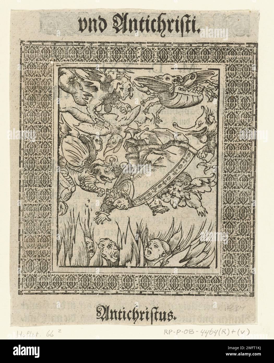 Pope Fall in Hell, Lucas Cranach (I), 1521 - 1522 imprimer le pape est conduit aux flammes en enfer par des démons. Il y a déjà du clergé parmi les flammes. Illustration de livre dans un cadre rectangulaire avec des ornements fins. L'impression est imprimée avec plusieurs journaux. Wittenberg Paper pape. enfer et purgatoire Banque D'Images