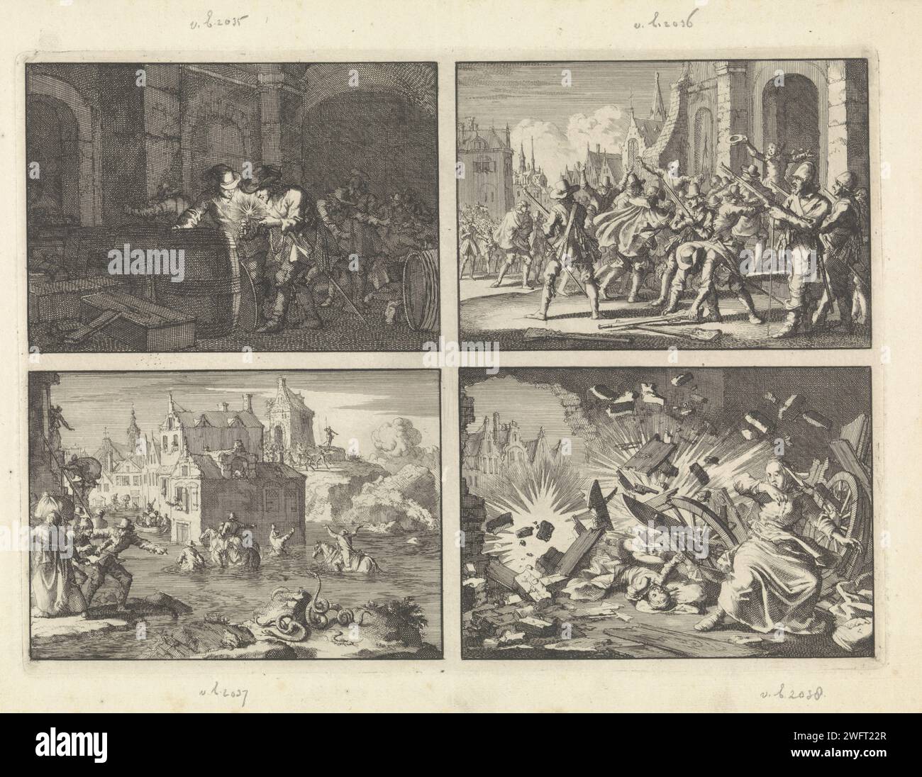 Soldats à Breisach a commis un accident en venant avec le feu dans un sous-sol avec de la poudre à canon, 1638 / à Brême Luthersen pénétrer l'interdiction du conseil dans le Dom tandis que la garde a déposé les armes, 1638 / haute eau pendant le siège de Wolfenbütttel, 1641/ pendant le siège de Memmingen, une grenade explose dans une maison, 1647, Jan Luyken, 1698 print feuille non cutée à quatre empreintes. Amsterdam gravure de papier soldat privé. projectiles, explosifs, etc. : poudre à canon. église (extérieur). bataille, combat en général. inondation. catastrophe de la poudre à canon. Siège Breisach. Brême. Wolfenbüttel. Memmingen Banque D'Images