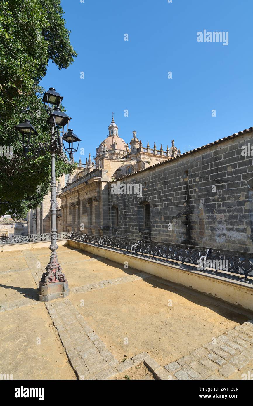 Vue latérale de l'ancienne cathédrale magnifiquement détaillée de Jerez de la Frontera sous un ciel bleu clair. Banque D'Images
