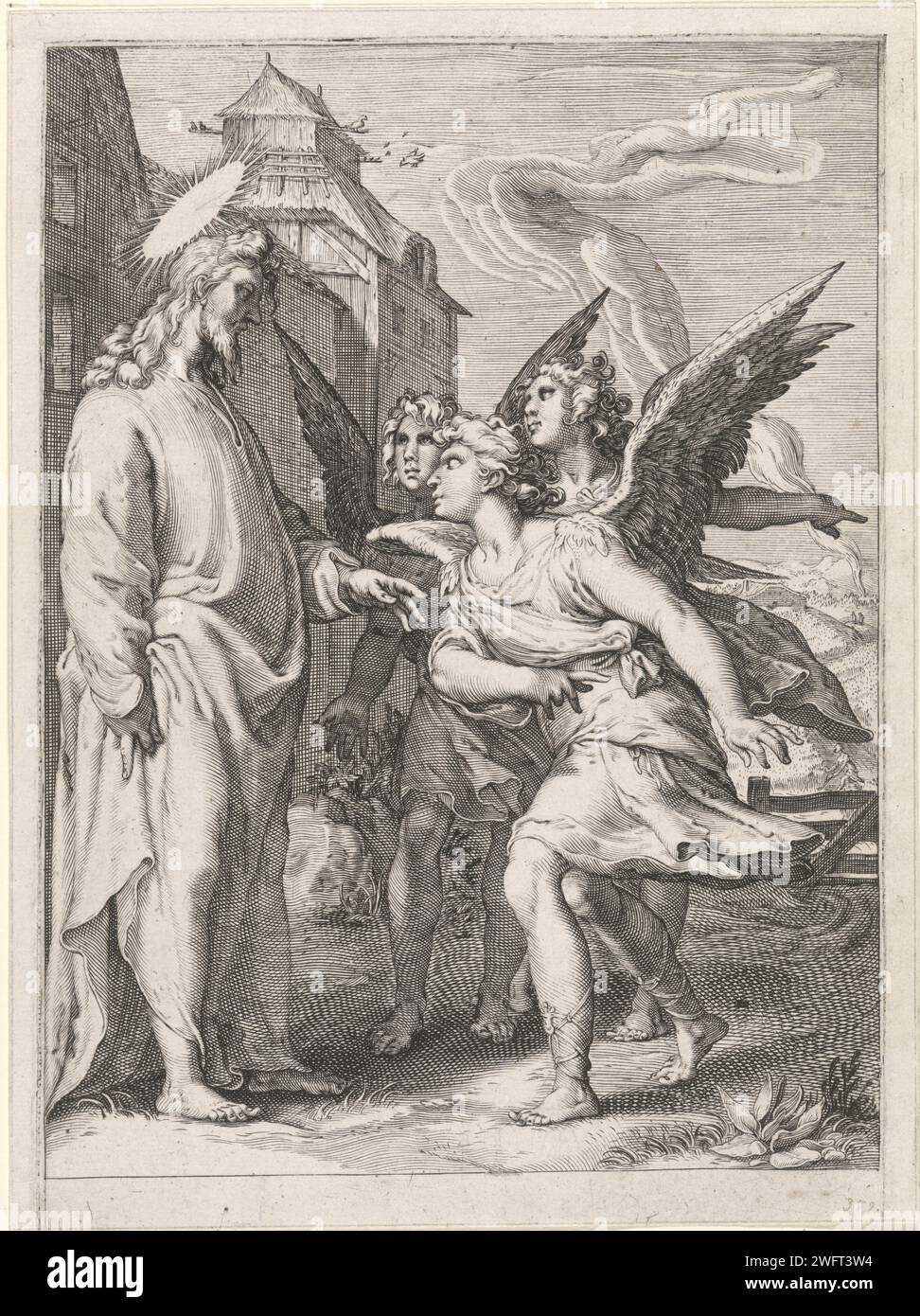 Christ avec trois anges, Jan Saenredam (attribué à), d'après Hendrick Goltzius, 1600 - 1602 imprimer les serviteurs, représentés ici comme trois anges, viennent demander au Christ pourquoi il y a des mauvaises herbes entre le grain qu'il a semé dans le champ. Une des deux estampes d'une série inachevée sur la parabole des mauvaises herbes entre le grain, Matt. 13 : 24-30. Haarlem (peut-être) gravure sur papier ivraie parmi le blé  parabole du Christ (Matthieu 13:24-30). Pendant que le semeur et ses serviteurs dormaient, son ennemi (le Diable) semait de l'ivraie parmi le blé Banque D'Images