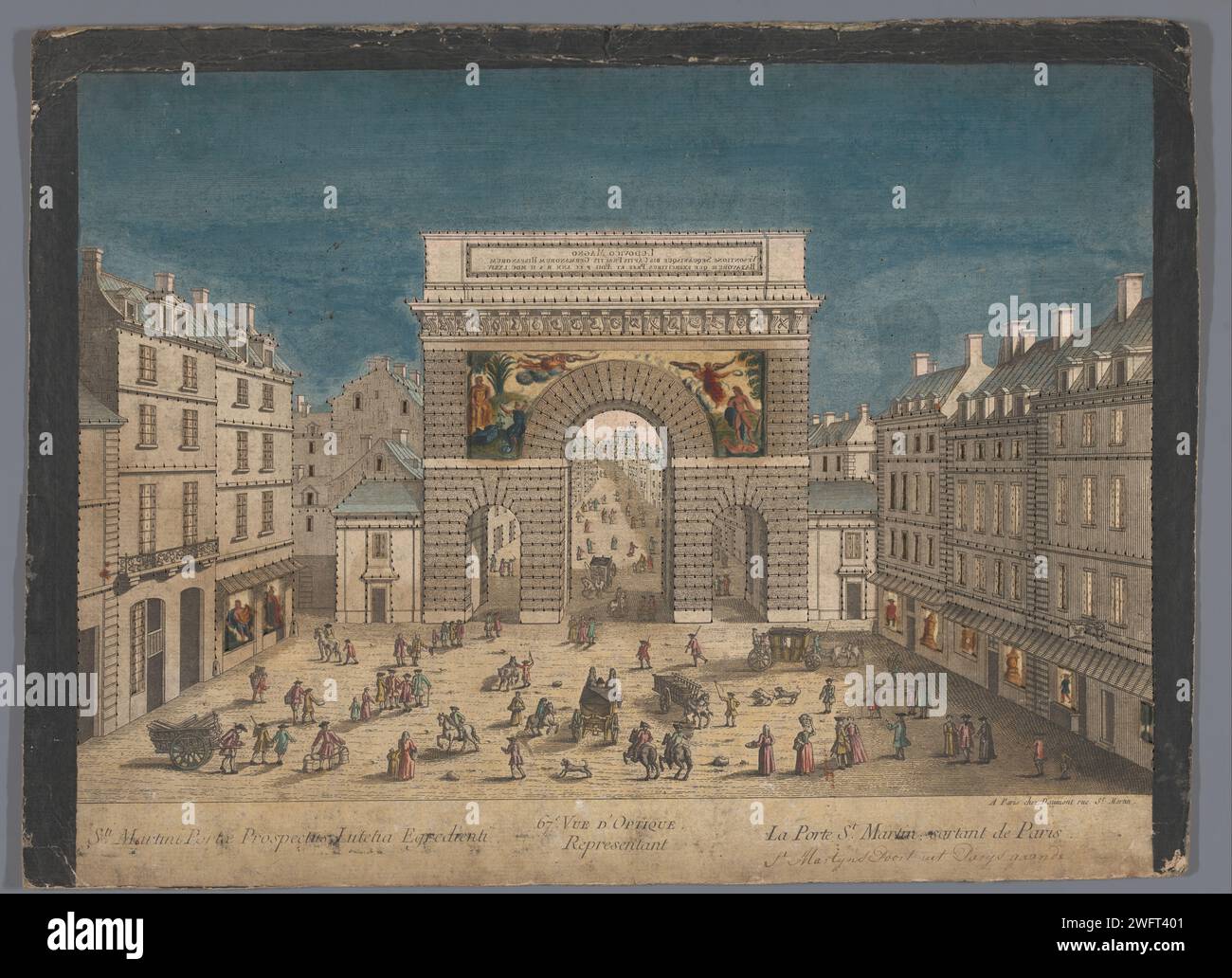 Vue de la porte Saint-Martin à Paris, Jean-François Daumont, 1745-1775 estampe dans le titre numéroté : 67. Editeur : Parisprint Maker : France paper. carton. papier préparé. aquarelle (peinture). peinture de pont gravure / pinceau / coupe / perforant rue (+ ville (-paysage) avec des figures, staffage). Arc de triomphe porte Saint-Martin Banque D'Images