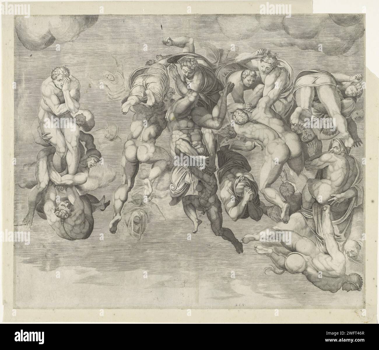 Le jugement dernier, Nicolò della Casa, d'après Michel-Ange, 1548 Imprimer Un détail de la fresque 'le jugement dernier' de Michel-Ange dans la chapelle Sixtine. Imprimeur : Italiaaprès peinture par : Vaticaanstadpublisher : Rome gravure sur papier jugement dernier Banque D'Images