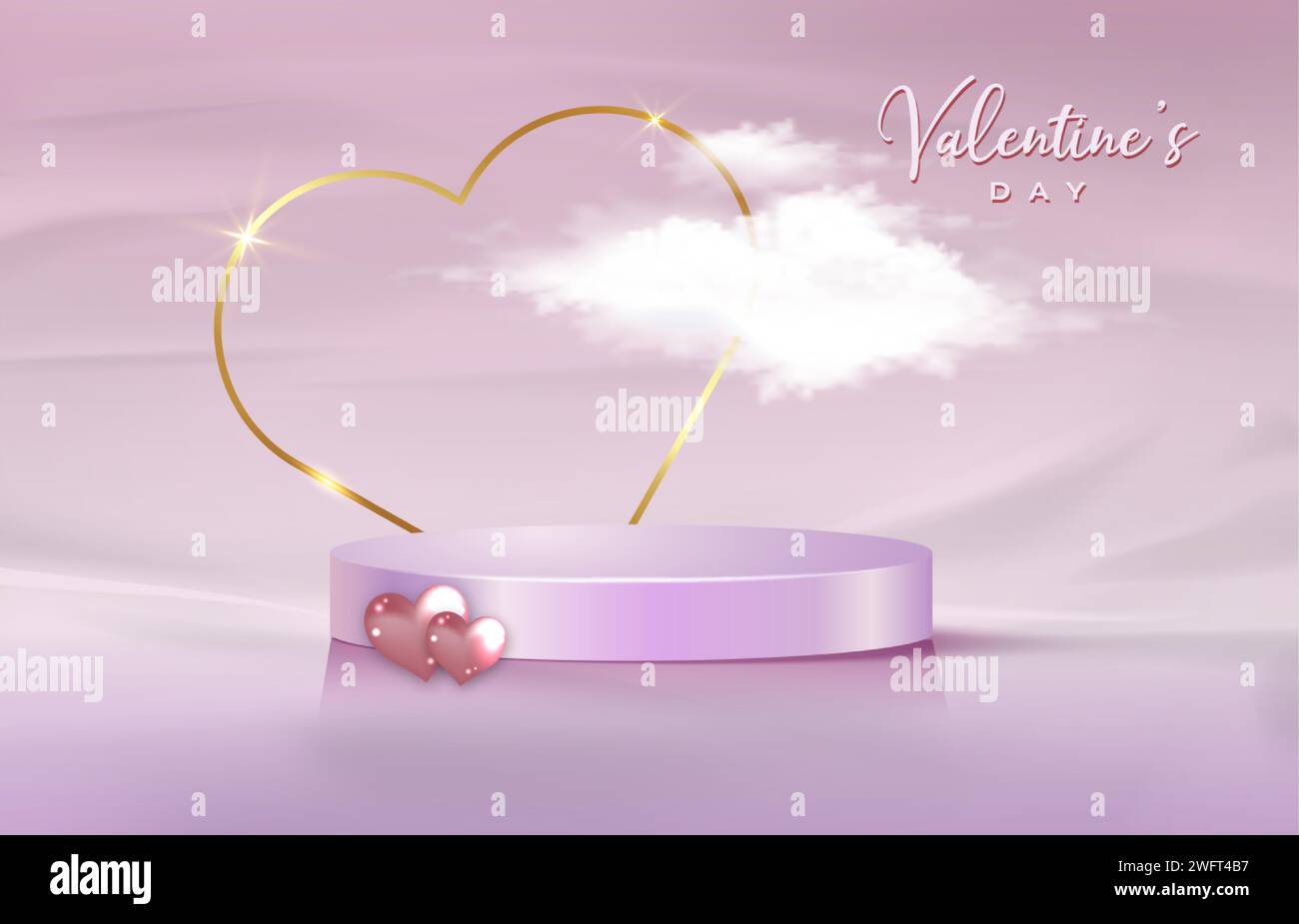 Affichage de studio de plate-forme 3d Saint-Valentin, cadre de coeur d'or et nuage moelleux. Studio sur pied rose. Scène minimale de Saint-Valentin pour le produit Illustration de Vecteur