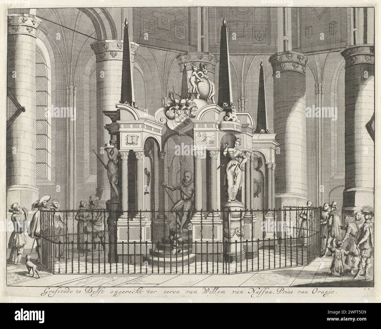 Graftombe de Willem Ier, Prince d'Orange, 1623, Jan Luyken, 1679 estampe Graftombe ou Praalgraf de Willem Ier dans la Nieuwe Kerk de Delft, achevée en 1623. Vu de face avec l'image du prince assis. Avec des visiteurs autour de la clôture. Imprimeur : Northern Netherlandspublisher : Amsterdampublisher : Amsterdampublisher : Amsterdam paper graving grave-building, monumental Tomb. intérieur de l'église. Personnes historiques Nouvelle église. Delft Banque D'Images