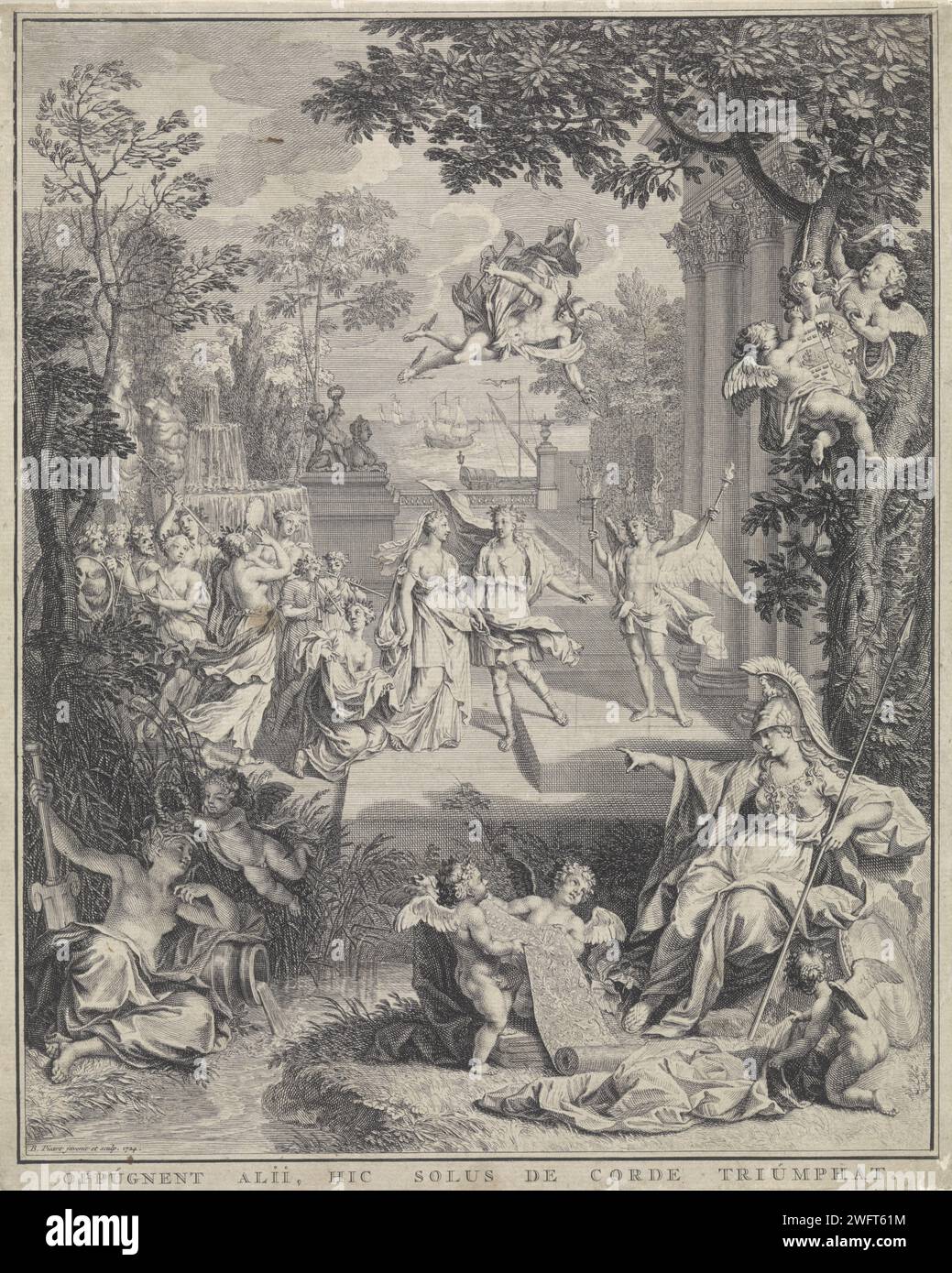 Représentation allégorique à l'occasion du mariage d'Abraham Barnaart et Engeltje van Hoven, Bernard Picart, 1724 imprimer représentation allégorique à l'occasion du mariage d'Abraham Barnaart et Engeltje van Hoven le 28 mars 1724 à Haarlem. Le dieu du mariage hymen représente son temple et reçoit le couple et sa conséquence de nymphes, faunen et maenaden. Au sommet de l'air, le dieu du commerce flotte Mercure. Sur la droite se trouve Minerva, qui pointe vers la paire. Putti montrer ses substances, qui symbolise le commerce du couple dans les substances. Sous le spectacle la devise : op Banque D'Images