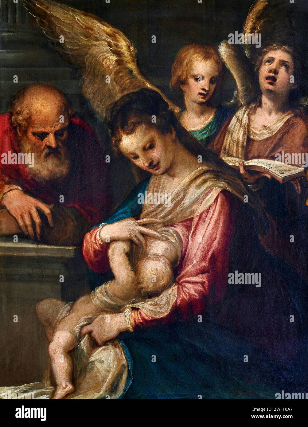 Madonna allattante con S. Giuseppe e angeli - olio su rame - Hans Rottenhammer - 1595 - Montichiari (BS) Museo Lechi Banque D'Images