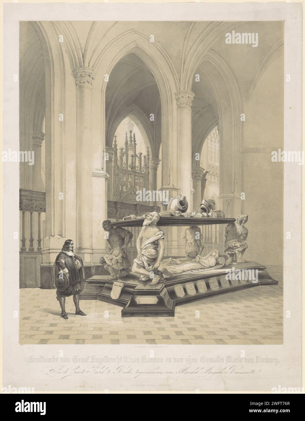Monument funéraire pour Engelbrecht II, Comte de Nassau-Dillenburg-Breda, 1504, 1824-1847 estampe Monument Graf pour Engelbrecht II dans la chapelle prince de l'onze-Lieve-Vrouwekerk à Breda, mort le 31 mai 1504. Sur la gauche se trouve une figure. Dans la marge inférieure une règle de texte néerlandais. Texte explicatif lâche dans le livre imprimé. Construction de tombe en papier Breda, tombe monumentale. Intérieur de l'église Breda Banque D'Images