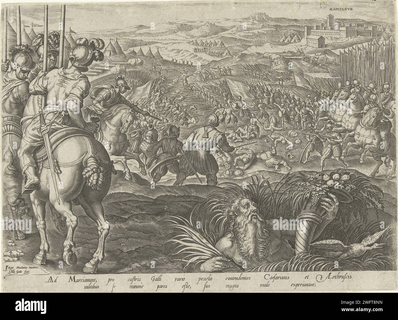 Bataille de Marciano, 1583 imprimer la bataille de Marciano en 1554. L'armée de de de 'Medici dirigée par Gian Giacomo de'Medici face à l'armée française de Pietro Strozzi. En arrière-plan la ville de Marciano. Au premier plan un dieu de rivière avec une corne d'abondance. L'estampe a une légende latine et fait partie d'une série sur l'histoire familiale du genre de 'Medici. Imprimeur : Antwerpafter design by : FlorencePublisher : Anvers gravure sur papier 'Cornucopia', Horn of Plenty Marciano della Chiana Banque D'Images