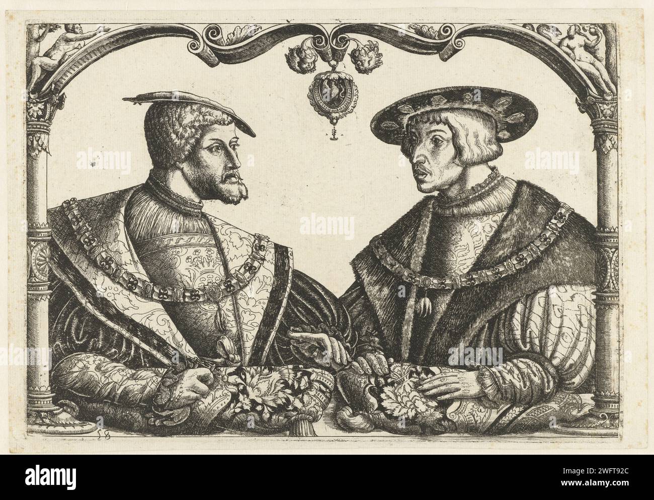 Karel V en Ferdinand I, Monogrammiste CB met boom (attribué à), 1513 - 1553 tirage Portrait de Charles V et de son frère Ferdinand I dans un cadre architectural. Au milieu, il y a un médaillon avec la lettre L (?) A, peut-être un monogramme d'un imprimeur. Gravure de papier Allemagne Banque D'Images