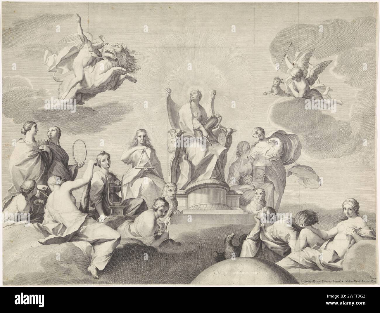 Provision divine, Michel Natalis, d'après Andrea Sacchi, 1620 - 1668 impression au milieu d'autres personnifications féminines, la Divine Providence est sur le trône, la tête couronnée et avec une couronne de jet, un soleil sur sa poitrine. Elle pointe avec un bâton sage avec l'œil en dessous, symbole de Dieu le Père, vers la Terre. Autour du trône sur les nuages, il y a des personnifications féminines, y compris la justice avec des écailles, l'éternité avec un serpent circulaire, la foi avec la croix, la sagesse avec le triangle, la fertilité avec le grain. Vous pouvez aussi voir une femme avec une couronne, une femme avec une harpe, une femme avec un cygne et une femme avec un aigle. En haut Banque D'Images