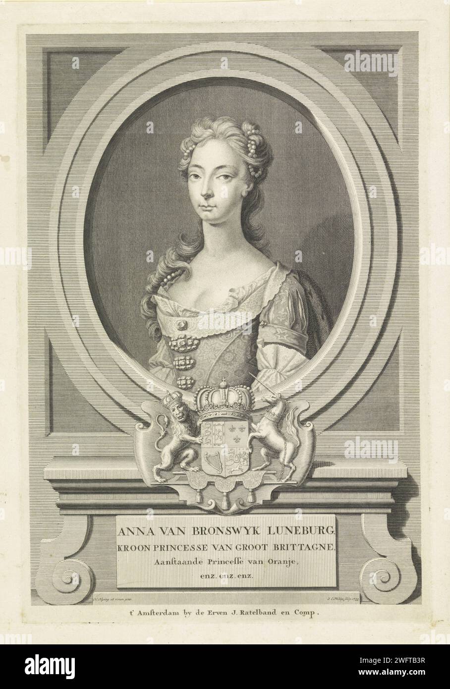 Portret van Anna van Hanover, Jan Caspar Philips, d'après Hans Hysing, 1733 tirage Portrait d'Anna dans un ovale. Au milieu de son arme avec une couronne, un lion et une licorne. Sur un piédestal son nom et ses titres. Amsterdam gravure / gravure sur papier Banque D'Images