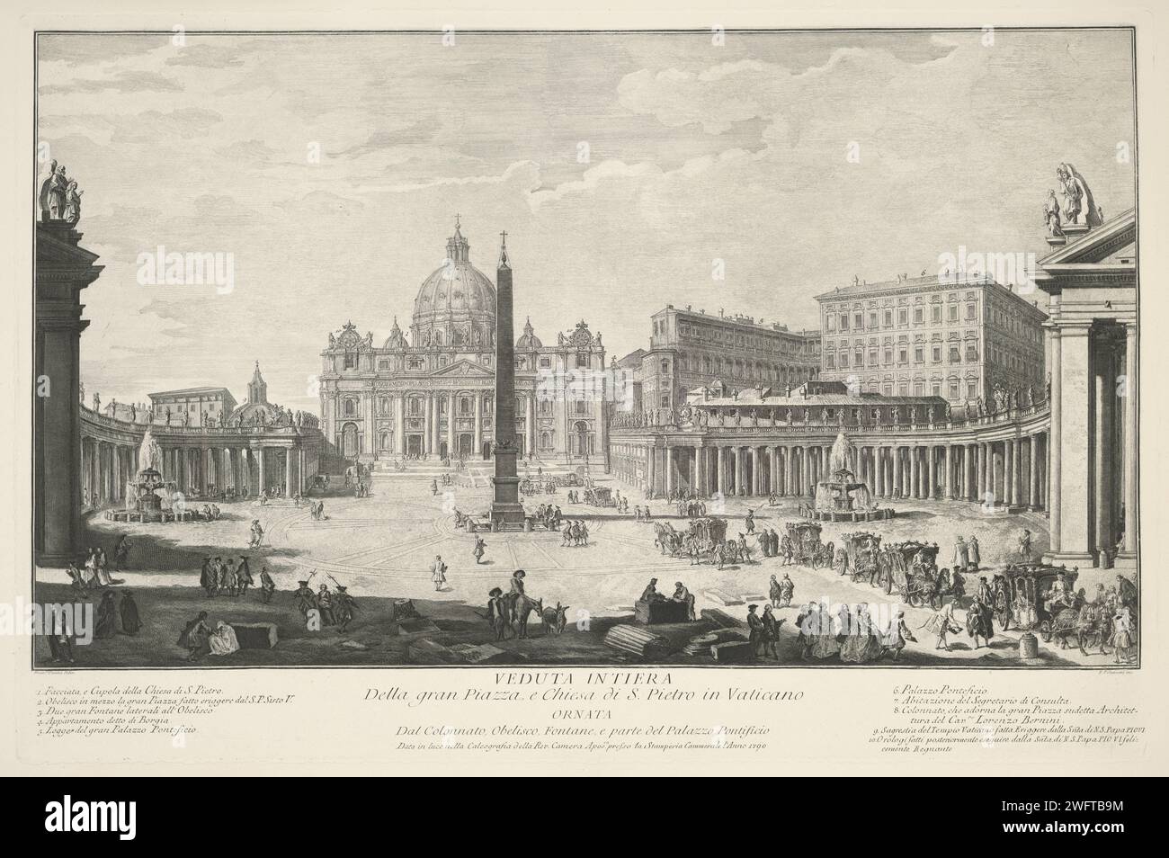 Sint-Pietersbasiliek et Sint-Pietersbasiliek au Vatican, Francesco Polanzani, d'après Francesco Pannini, 1790 print vue de Sint-Pietersbasiliek et Sint-Pietersplein au Vatican. Au centre de la place l'obélisque du Vatican. Au premier plan sur la droite une procession de voitures. Titre et liste explicative des chansons dans STUDMARGE. Italie gravure de papier vue sur la ville, et paysage avec des constructions artificielles. place, place, cirque, etc. église (extérieur). obélisque, Needle St. Basilique de Pierre. Saint Peters Square. CITÉ du Vatican Banque D'Images