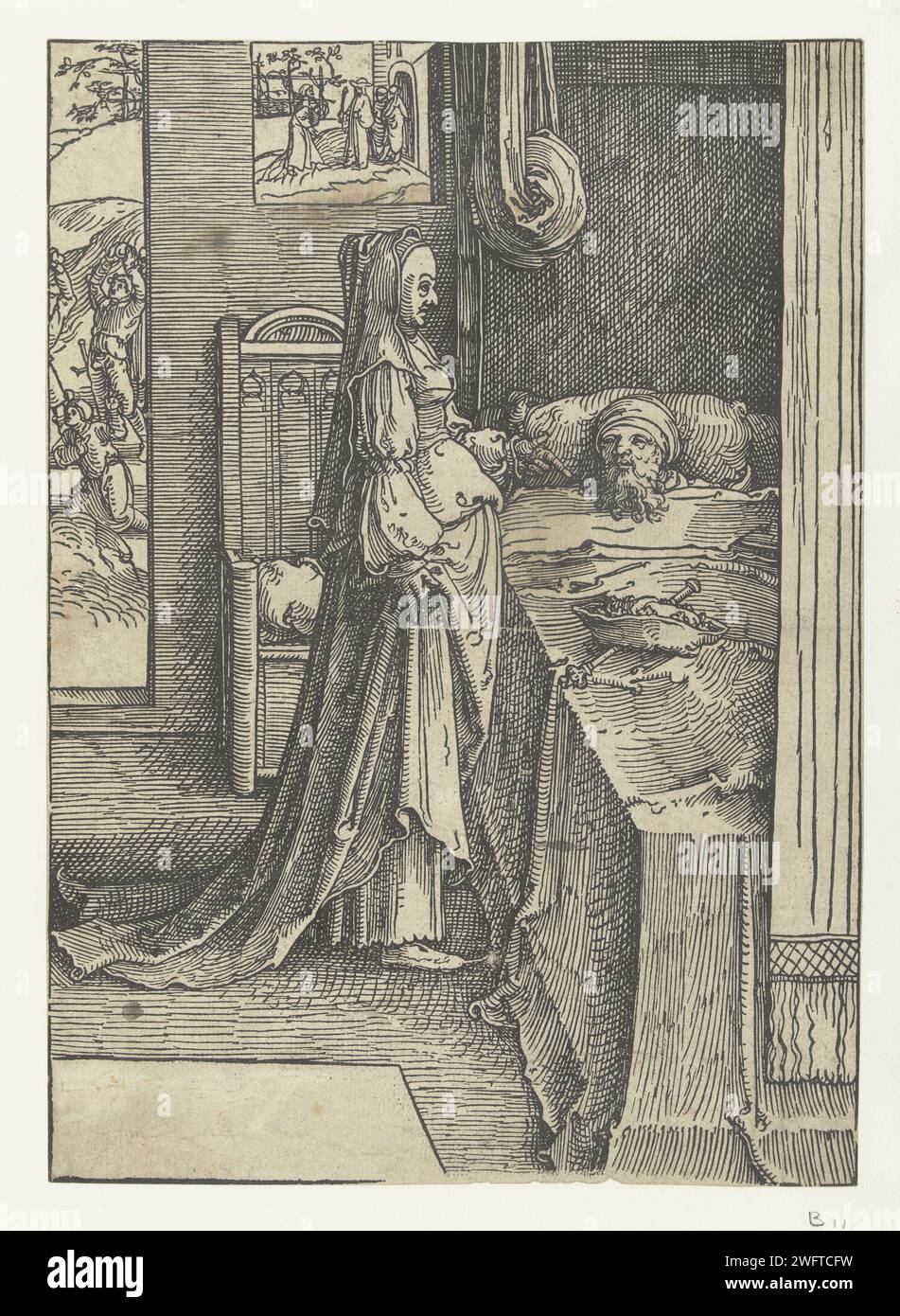 Izebel et le roi Achab, Lucas van Leyden, 1515 - 1519 impriment trois scènes de l'histoire d'Izebel. Achab couché dans son lit, sa femme Jézabel debout près de son lit essaie de lui remonter le moral. Par la fenêtre, vous pouvez voir Naboth qui refuse la vigne d'Achab, par la porte, la lapidation de Naboth peut être vue. Le journal des pays-Bas Naboth refuse de vendre son vignoble à Achab. Jezebel réconforte Achab. Naboth est lapidé à mort Banque D'Images