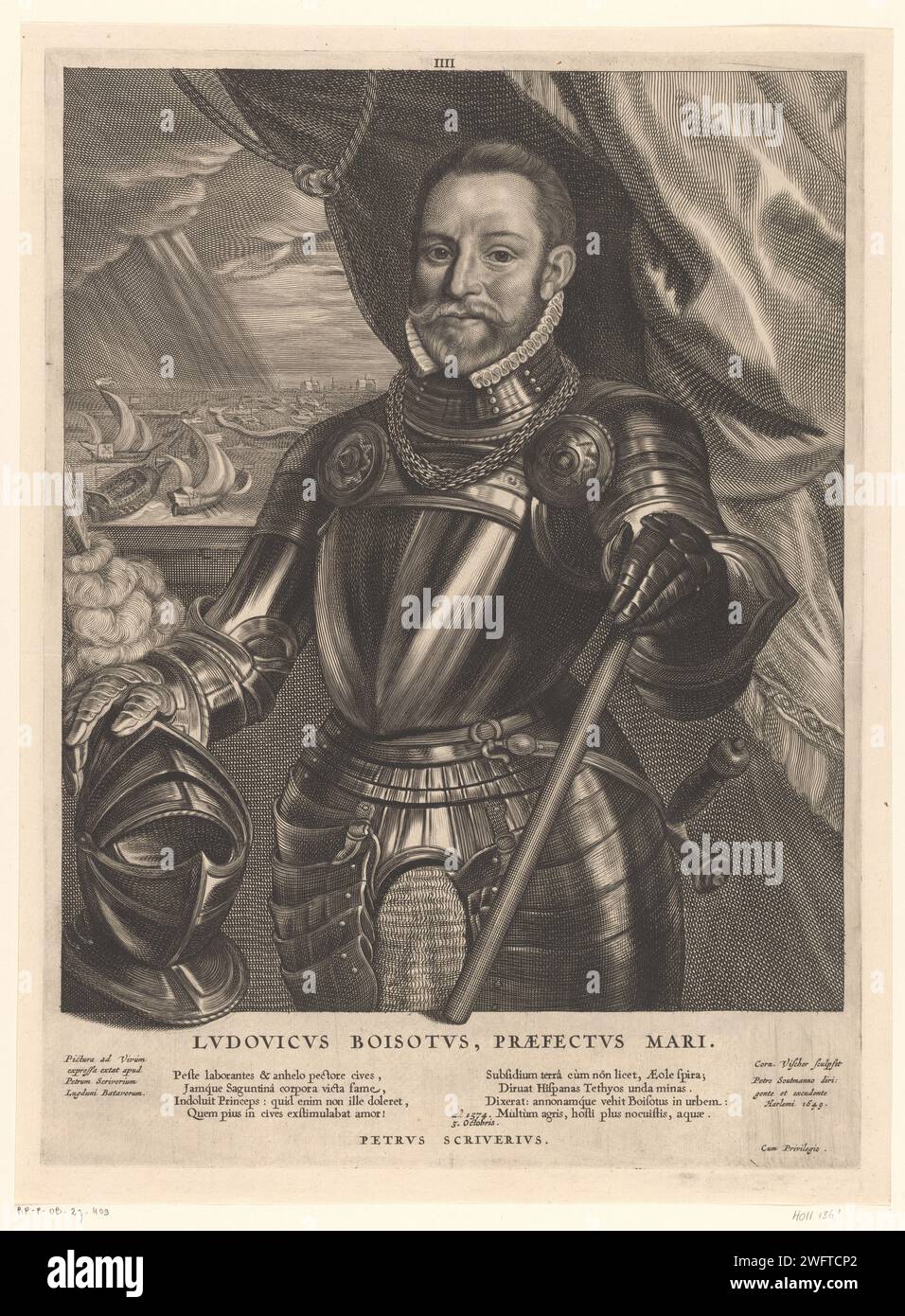 Portrait de Louis de Boisot, Cornelis Visscher (II), 1649 estampe Louis de Boisot avec le leadership à la main et une chaîne autour du cou. En arrière-plan un coup sur l'eau et les contours d'une ville. Tirage à partir d'une série de 5 tirages avec des portraits de personnages importants pendant le siège de Leiden. Sceptre gravé sur papier Haarlem, bâton (symbole de souveraineté). collier. armure. bataille (+ force navale) Banque D'Images