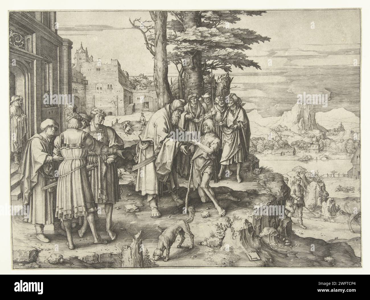 Le retour du fils perdu, Lucas van Leyden, 1508 - 1512 imprimé pour la maison parentale, le fils mal habillé est accueilli par son père en présence de nombreux passants. Paysage vallonné avec rivière et abattage du veau en arrière-plan. Pays bas gravure sur papier le fils prodigue rentre chez lui, où son père l'attend. Vêtements pour la partie supérieure du corps (PALTROCK) (+ vêtements pour hommes). chaussures, sandales. Casque (BONNET) (+ vêtements pour hommes) Low Countries Banque D'Images