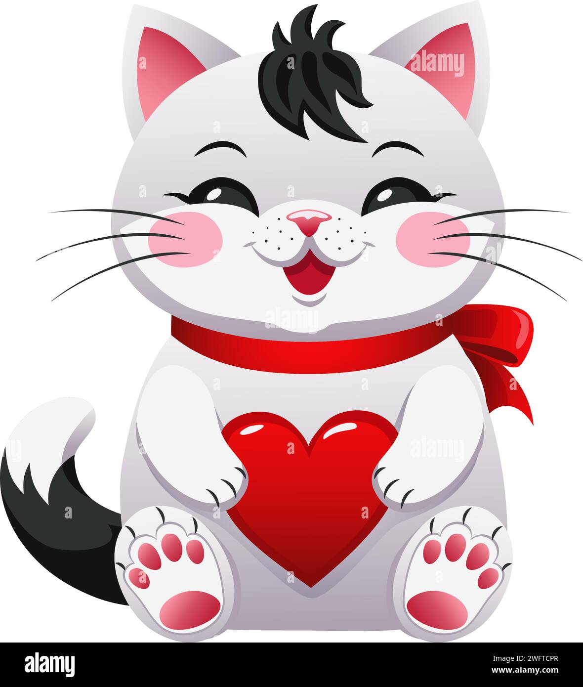 Chaton mignon avec un ruban rouge et un coeur dans ses pattes. Personnage de dessin animé pour Saint Valentin, mariage, anniversaire. Illustration vectorielle. Illustration de Vecteur