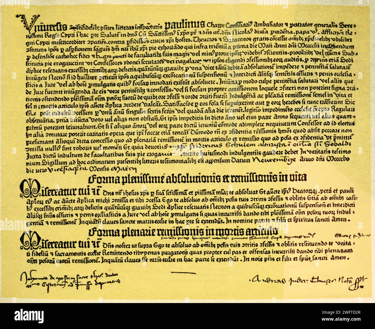 Sa lettre d'indulgence a été imprimée en 1455 par Johannes Gutenberg sur sa première imprimerie. Johannes Gutenberg (mort en 1468) était un inventeur et artisan allemand qui a introduit l'impression typographique en Europe avec sa presse à imprimer mobile. Bien que le type mobile était déjà utilisé en Asie de l'est, Gutenberg inventa la presse à imprimer, qui se répandit plus tard dans le monde entier Banque D'Images