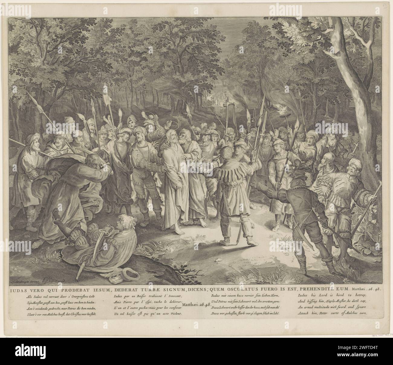 Collection du Christ, Anonyme, d'après Nicolaes de Bruyn, 1630 - 1702 imprimer le Christ est capturé par un groupe de soldats. Judas l'embrasse sur la joue. Sur la gauche Pierre lève son épée pour enlever l'oreille de Malchus. Sous le spectacle le titre en latin, quatre vers de quatre lignes en néerlandais, français, allemand et anglais et une référence au texte de la Bible dans Mat. 26:48. Amsterdam gravure sur papier le baiser de Judas : accompagné de soldats avec des torches et des lanternes, il embrasse le Christ. L'arrestation du Christ ~ jardin de Gethsémani. Pierre tire son épée et coupe l'oreille de Malchus Banque D'Images