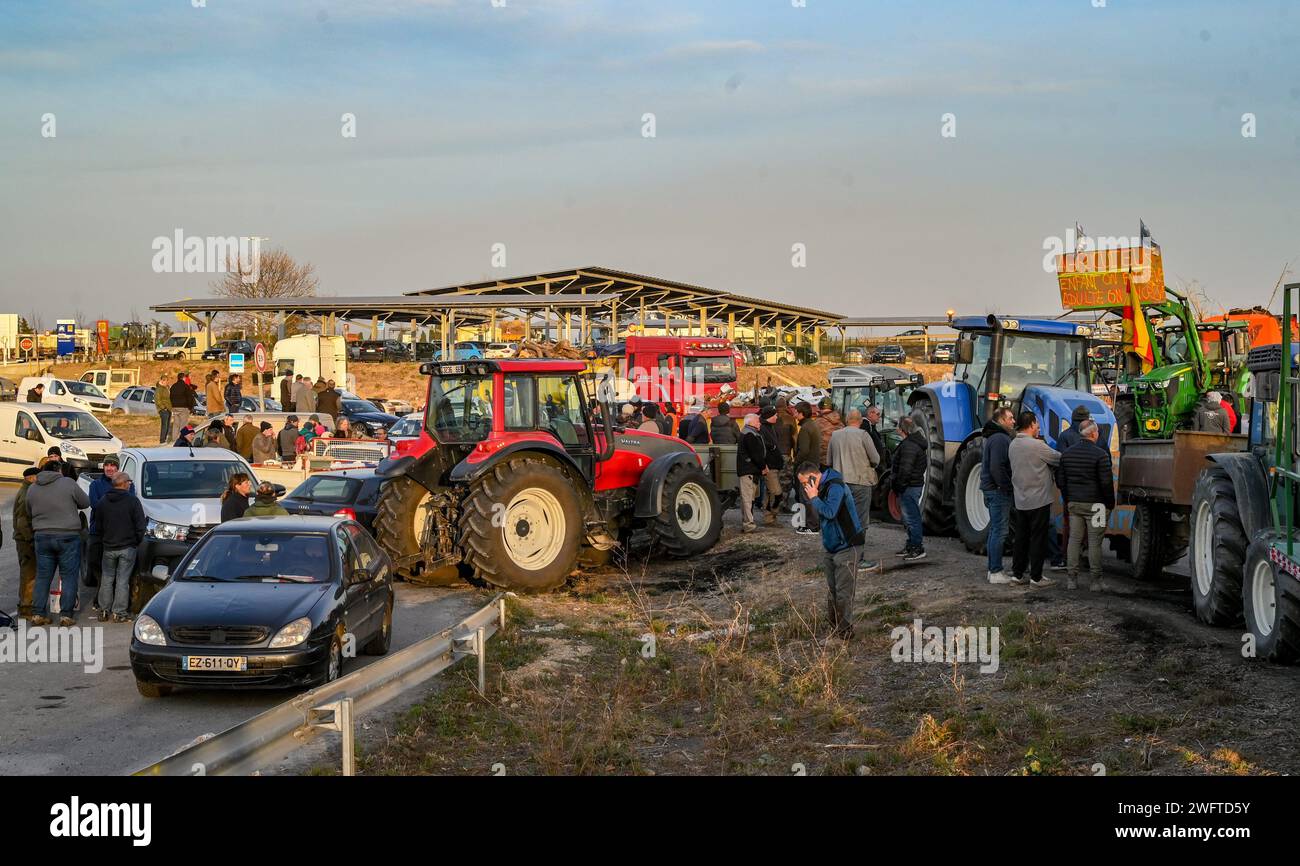 Perpignan, France. 01 février 2024. © PHOTOPQR/l'INDEPENDANT/MICHEL CLEMENTZ ; PERPIGNAN ; 01/02/2024 ; SOCIAL/MANIFESTATION DES AGRICULTEURS en COLERE/BLOCAGE DU ROND POINT DU PEAGE Sud DE PERPIGNAN/AUTOROUTE A9 - manifestation paysanne française Continuer France 1 février 2024 Credit : MAXPPP/Alamy Live News Banque D'Images