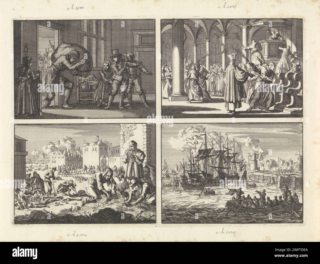 Pendant le siège de la Rochelle, la veuve de Prosui sera amenée par un étranger un sac de grain, 1628/ la Margarethakerk à la Rochelle est à nouveau une catholique consacrée par chaire, piliers et bancs à tiges, 1628 / Hunger Nood pendant le siège de la Rochelle , 1628 / Port de Salé avec la flotte anglaise et un sloop Turcs, 1638, Jan Luyken, 1698 estampe feuille vierge à quatre estampes. Amsterdam papier gravure céréale, grain, maïs (herbe avec grains, cultivé pour l'alimentation, par exemple : blé, riz, seigle, avoine, maïs, sarrasin, millet). apporter des cadeaux ; échanger des cadeaux. Consécration rituelle  religio chrétienne Banque D'Images