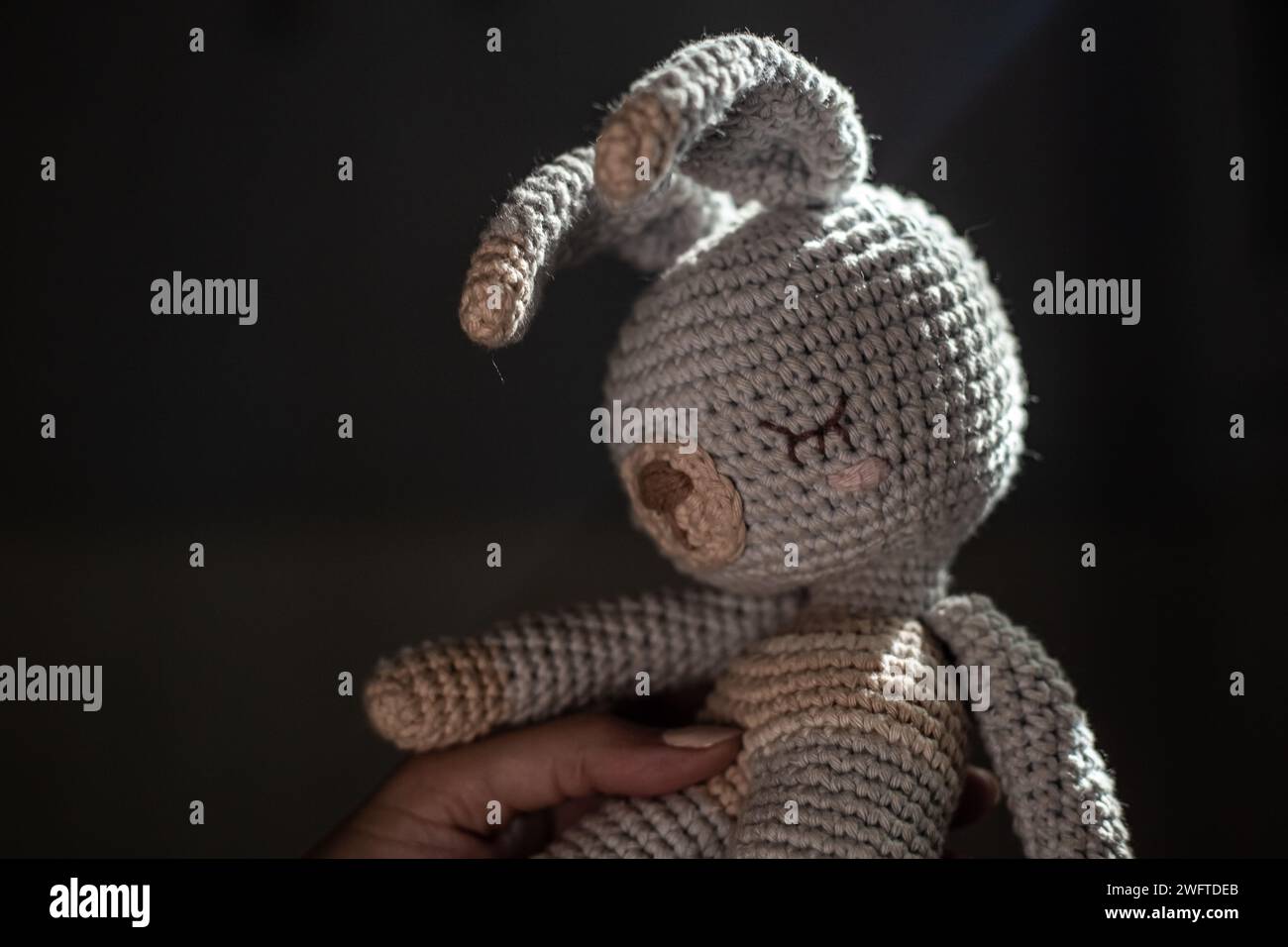 Gros plan de la main tenant un petit lapin en peluche Banque D'Images