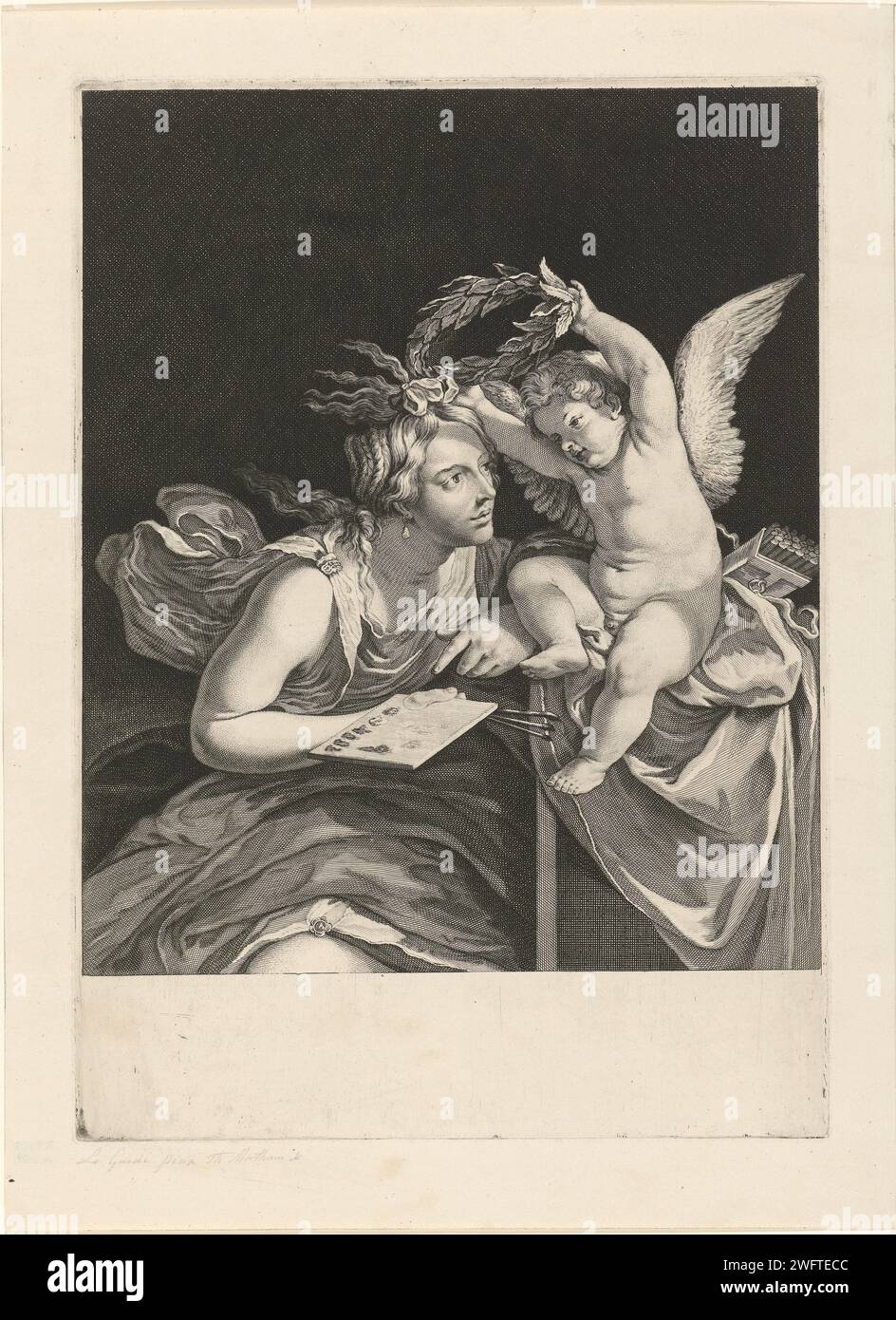 Peinture récompensée, Theodor Matham, d'après Guido Reni, 1615 - 1676 imprimer Un putto couronne la personnification de la peinture avec une couronne de Laurier. Gravure sur papier 'Pictura', représentations symboliques, allégories et emblèmes  peinture ; 'Pittura' (Ripa). couronnement de laurier. palette. cupidons : 'amores', 'amoretti', 'putti' Banque D'Images